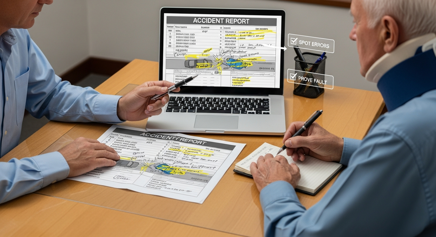 Attorney explains police car accident report codes and liability details to client.