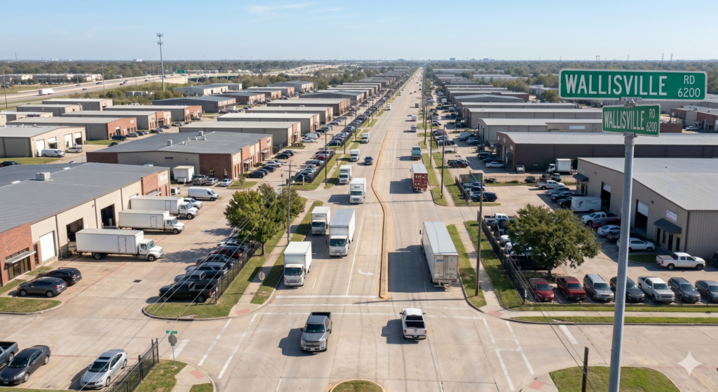 Aerial view shows 6200 Wallisville Road on a normal day as a busy, well-structured Houston industrial and logistics hub.