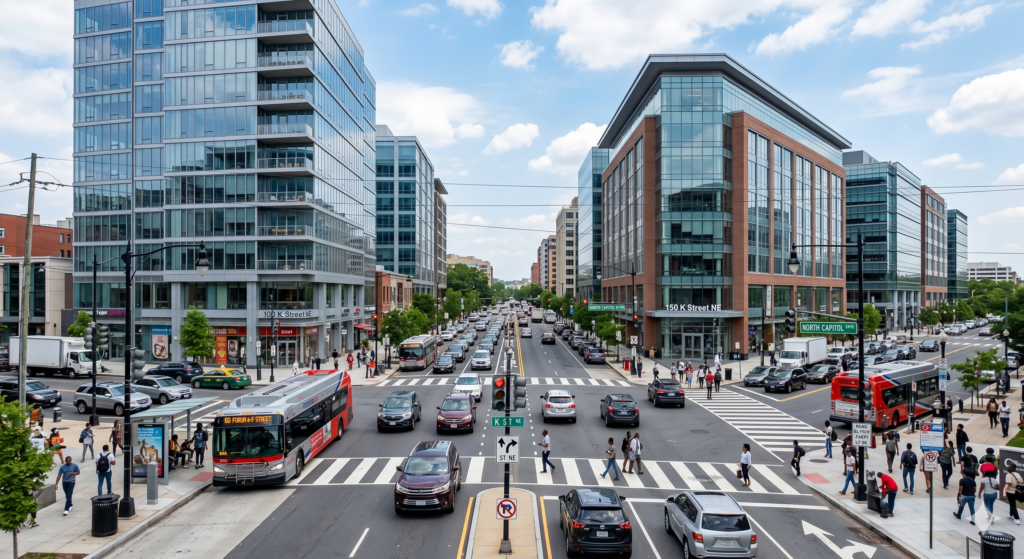 A bustling Washington D.C. intersection with high-rise buildings, traffic, pedestrians, and streetcars under a cloudy sky.