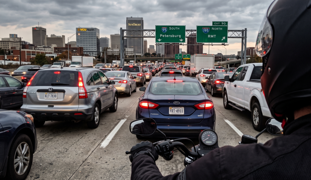 Over-the-shoulder view of a motorcyclist in heavy Richmond traffic considering illegal lane splitting near I-95.