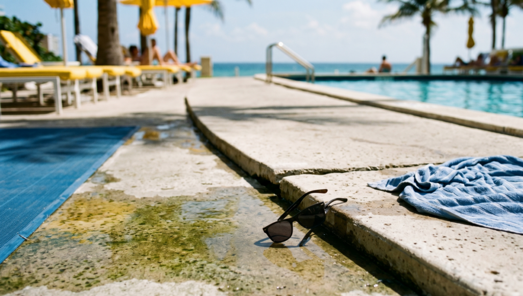 Slip and fall hazard at a resort pool: cracked and mossy concrete walkway next to water.