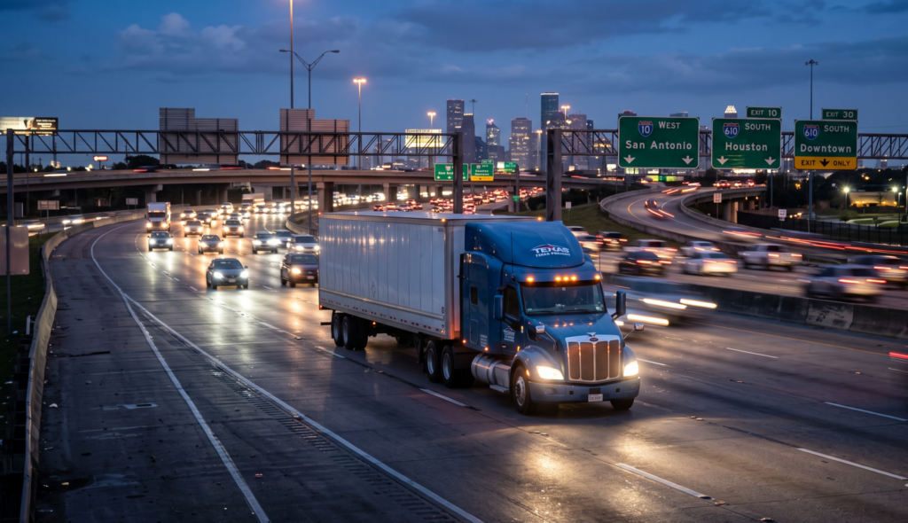 Semi-truck driving on a Houston freeway at dusk with the city skyline and highway signs in the background