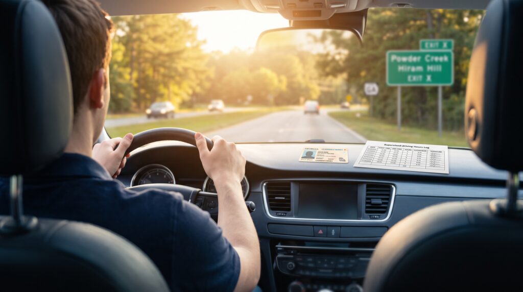 Georgia teen driver with learner's permit and supervised-driving log on dashboard Joshua's Law compliance