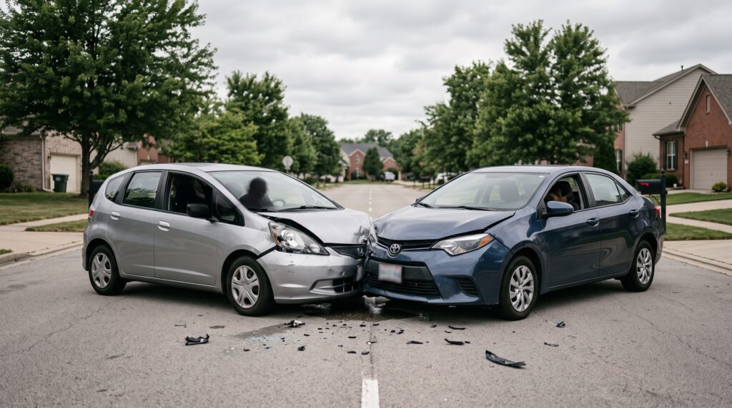 Alabama statute of limitations car accident — two damaged vehicles after a head-on collision on a residential street