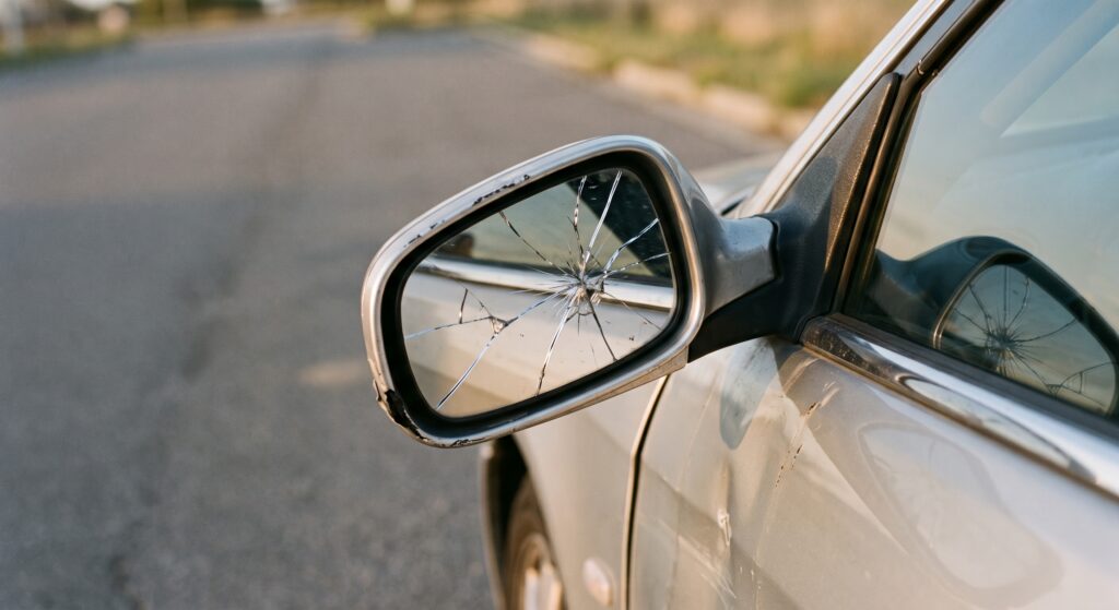 Cracked side mirror on a damaged silver car after an Illinois comparative negligence car accident